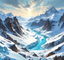 View of a glacial valley surrounded by sharp snow peaks