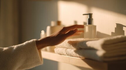A close-up of a hand reaching for a skincare product on a wooden shelf, illuminated by warm, natural light.