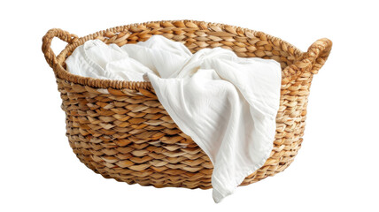 Wicker basket with white cloth on transparent background