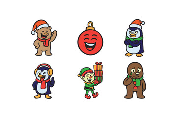 Creative Funny Christmas Polar Bear and Penguin Elf Ornament Faces Cute Colorful Vector Icon on White Background.