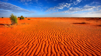 Vibrant desert landscape showcasing rippled orange sands under a blue sky with scattered clouds.
