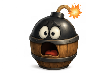 Barrel bomb character with lit fuse showing fear and panic, cartoon explosion waiting for danger