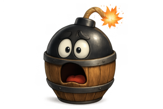 Barrel bomb character with lit fuse showing fear and panic, cartoon explosion waiting for danger