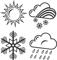 Vector icon set for weather forecast design including sun, cloud, rain, and storm symbols to illustrate climate and season elements