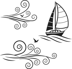 A stylized vector illustration of a sailing ship or yacht traversing the ocean with waves under a summer sun, perfect for a nautical logo design