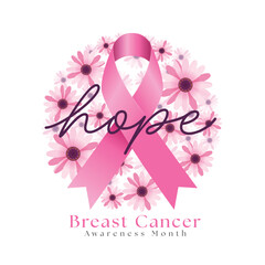 Breast cancer awareness month - Hope text on pink ribbon awareness in circle shape with soft pink flowers vector design