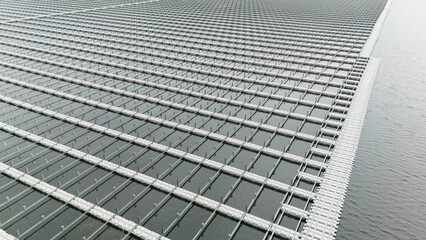 Water buoy platform array for Floating Solar Panel farm. Solar panel PV System in Industry lake