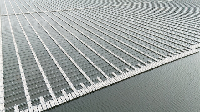 Water buoy platform array for Floating Solar Panel farm. Solar panel PV System in Industry lake