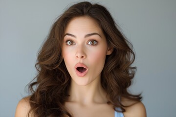 Surprised young caucasian female expression against gray background