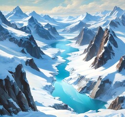 View of a glacial valley surrounded by sharp snow peaks