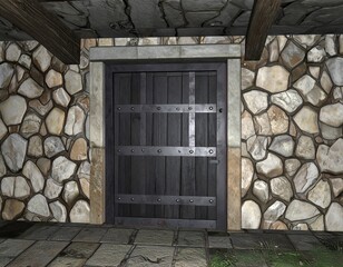 Rustic Wooden Doorway Set in Stone Walls.