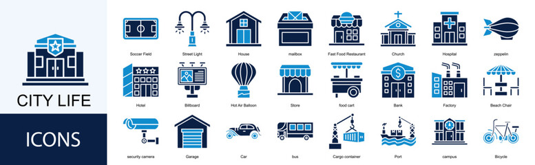 City Life icon collection set. Containing Soccer Field, Street Light, House, Fast Food Restaurant, Church, Hospital, icon. © Icon 5