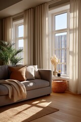Inviting living room with sunlit windows and cozy throw on grey sofa