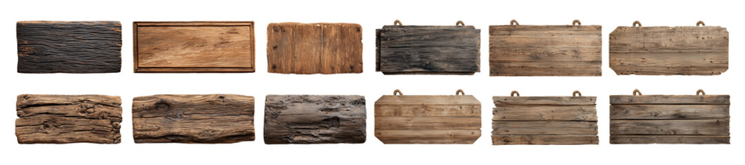 Collection of various wooden signboards isolated on transparent background for your design