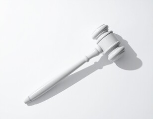 Pristine white gavel sits cleanly on a bright white background, its distinct shadow adding visual depth.
