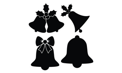 christmas bell black silhouette on white background, vector set