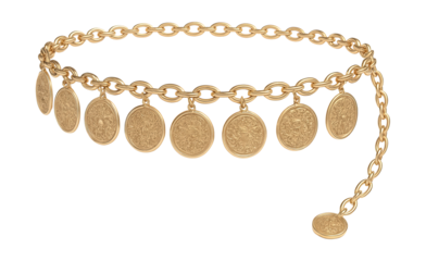 Engraved coin pendant chain belt for a stylish boho look.