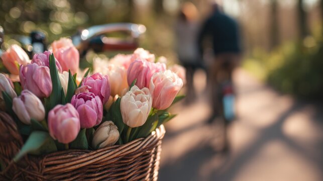 A romantic scene featuring a basket of pink and white tulips on a bicycle, with a blurred couple walking in the background.