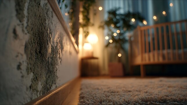 Wall Mold Growth in Nursery Room with Crib and Carpet