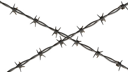 Grungy metal barbed wire cross shape macro detail industrial texture abstract close-up isolated on transparent background