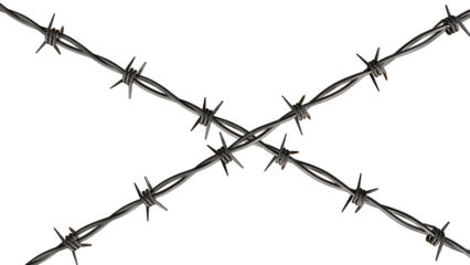 Grungy metal barbed wire cross shape macro detail industrial texture abstract close-up isolated on transparent background