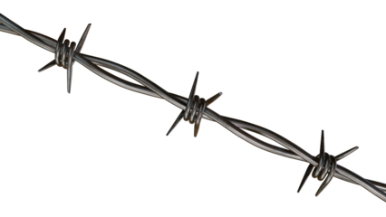 Close-up detail of sharp barbed wire fence stretching across for security concept isolated on transparent background