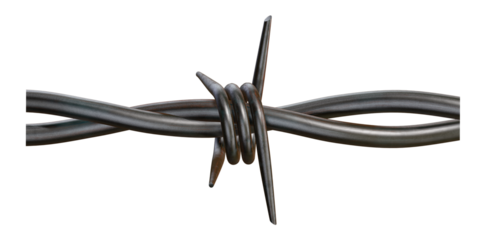Close up detailed shot of twisted barbed wire sharp pointed barbs isolated on black isolated on transparent background
