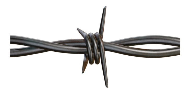Close up detailed shot of twisted barbed wire sharp pointed barbs isolated on black isolated on transparent background
