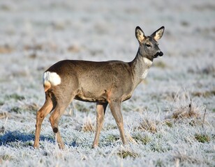 Roe Deer Standing Alert in a Frosty Field.