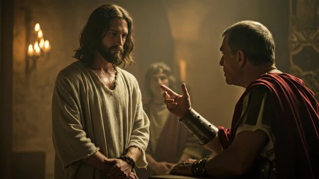 Jesus christ and pontius pilate in a heated discussion. Trial of jesus with two men debating in ancient room. Biblical reenactment footage.