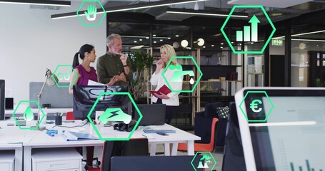 Office professionals discussing sustainability metrics in office with holographic icons, copy space