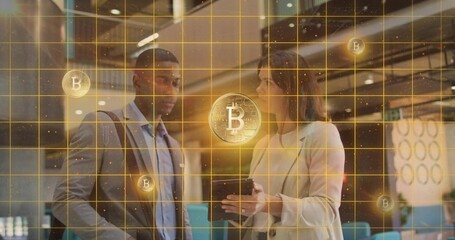 Business colleagues discussing crypto in lobby with tablet, floating Bitcoin icons and grid overlay