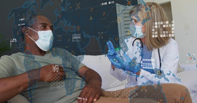 Masked doctor holding syringe and vial vaccinating masked patient in clinic, with data overlays