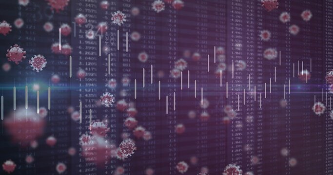 Displaying 3D coronavirus icons on display, with financial data percentages, white candlestick bars