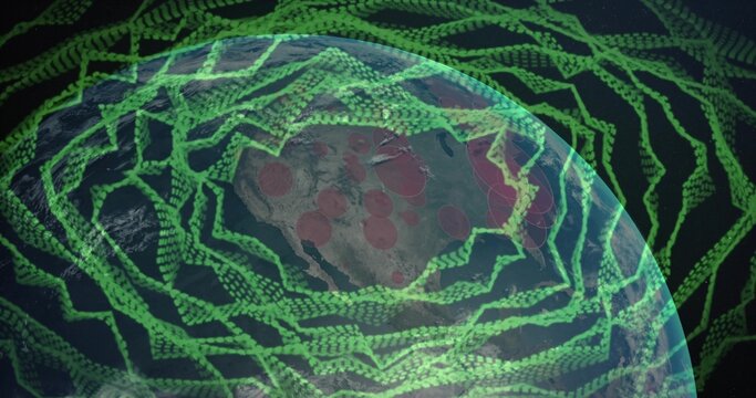 Naklejki Displaying Earth globe spinning in outer space, with green binary streams and red hotspot markers