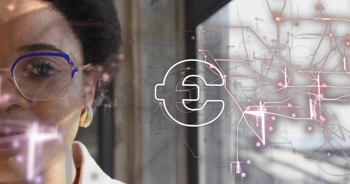 Examining woman with blue glasses scrutinizing digital euro circuitry on office window, copy space