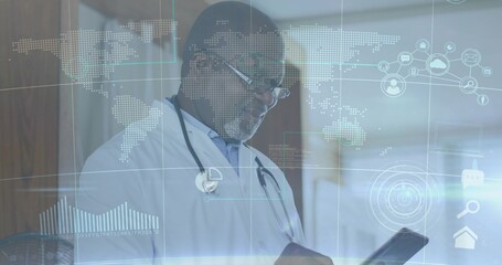 Reviewing tablet doctor with stethoscope standing in clinic, displaying digital interface overlay