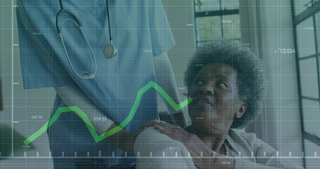 Nurse placing hand on patient shoulder initiating green vital chart overlay tracking health