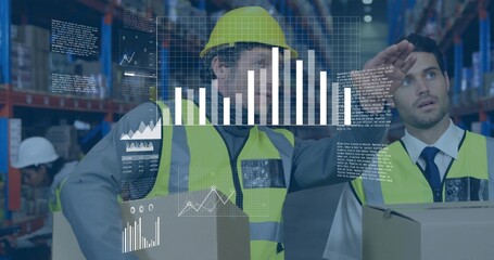 Analyzing warehouse team inspecting inventory with data overlay at distribution center, with boxes
