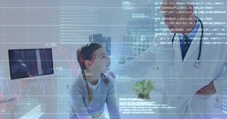 Doctor with stethoscope examining girl on exam table in clinic, with monitor, plant, data overlays