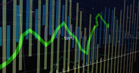 Displaying financial chart on dark dashboard, with blue and light green bars and trend line overlay
