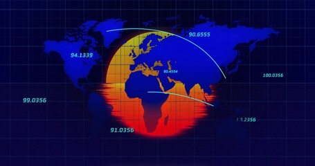 Obraz premium Displaying gradient globe overlay over world map on blue grid, showing arrows and numeric labels