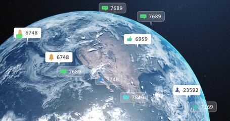 Fototapeta premium Displaying 3D Earth globe focusing on North and Central America in space, with social media icons