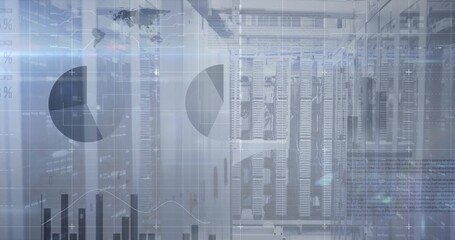 Displaying central server racks operating in data center, with Ethernet cables and LED indicators