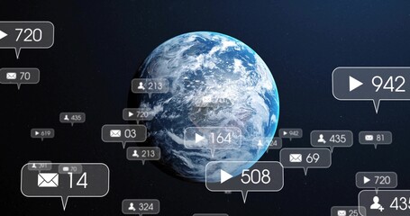 Fototapeta premium Floating 3D-rendered Earth globe rotating in deep space, with play envelope and user icon bubbles