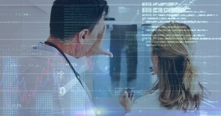 Two doctors wearing lab coats examining X-ray film in radiology room, with digital data overlays