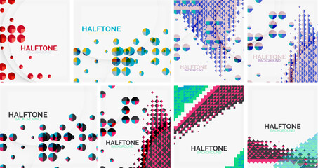 Colorful halftone backgrounds, geometric patterns, dots, circles, triangles. Modern design elements for various projects, vibrant visuals.