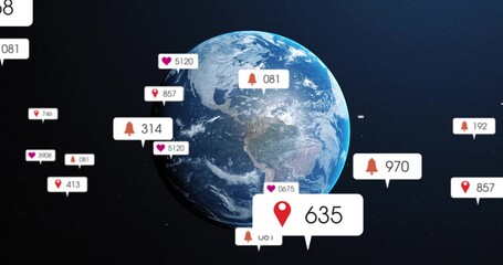 Fototapeta premium Floating digital Earth drifting in space, with heart likes bell notifications location pins