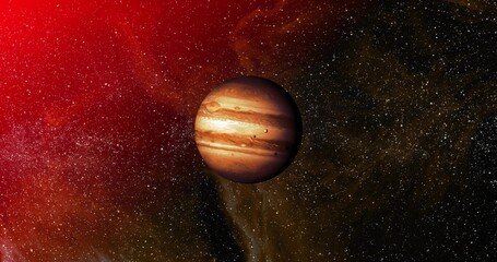 Fototapeta premium Floating red-brown gas giant planet exhibiting swirling cloud bands in space, with nebula and stars
