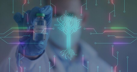 Medical researcher wearing mask, lab coat, gloves holding COVID-19 vial in lab, with neon circuits